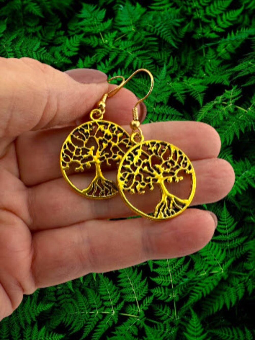 Tree of Life Earrings Gold Plated Dangle Boho Nature Jewelry 1.75" Handmade